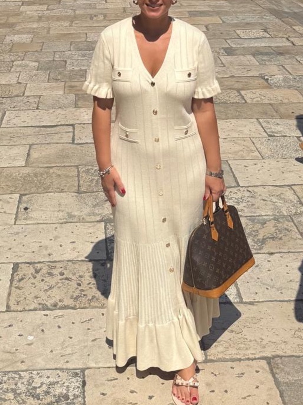 Commense Cream Button-Front Maxi Dress with Ruffle Hem